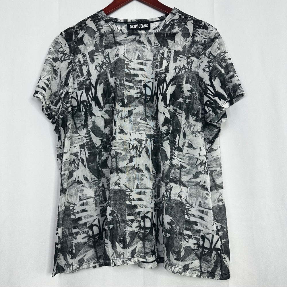 DKNY Jeans Sheer Shirt Womens Graffiti Short Sleeve Relaxed Short Sleeve 1X